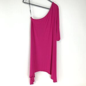 Kensie One Shoulder Asymmetrical Dress Women's Large Pink Midi Shark-bite Hem